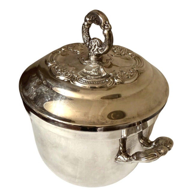 Elegant vintage Oneida USA silverplate covered ice bucket featuring ornate Rococo Revival-inspired detailing, decorative...