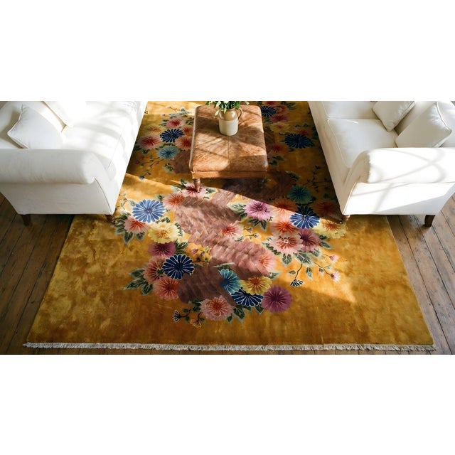 Brilliant Yellow Goldenrod Color With Lovely Flower Design Antique Chinese Art Deco Rug For Sale - Image 11 of 11
