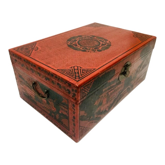 1900s Chinese Hand Tooled Leather Covered Trunk For Sale