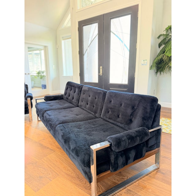Carsons Vintage Chrome & Black Plush Upholstered Sofa and Loveseat Set in the Style of Milo Baughman & Adrian Pearsall For Sale - Image 4 of 13