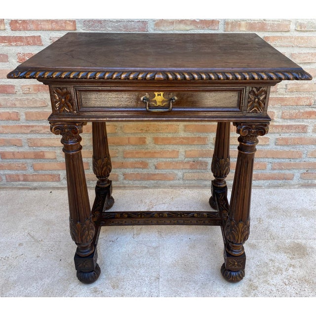 Wood Early 20th Century Spanish Carved Walnut Side Table with One Drawer, 1940s For Sale - Image 7 of 18