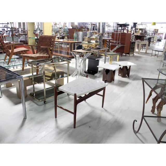 Ebony Vintage Mid Century Trapezoid Travertine Terrazzo Top Walnut Base End Side Table For Sale - Image 8 of 9