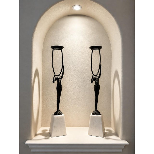 Abstract Modern Abstract Figural Sculptural Candleholders - Pair on White Stone Bases For Sale - Image 3 of 10