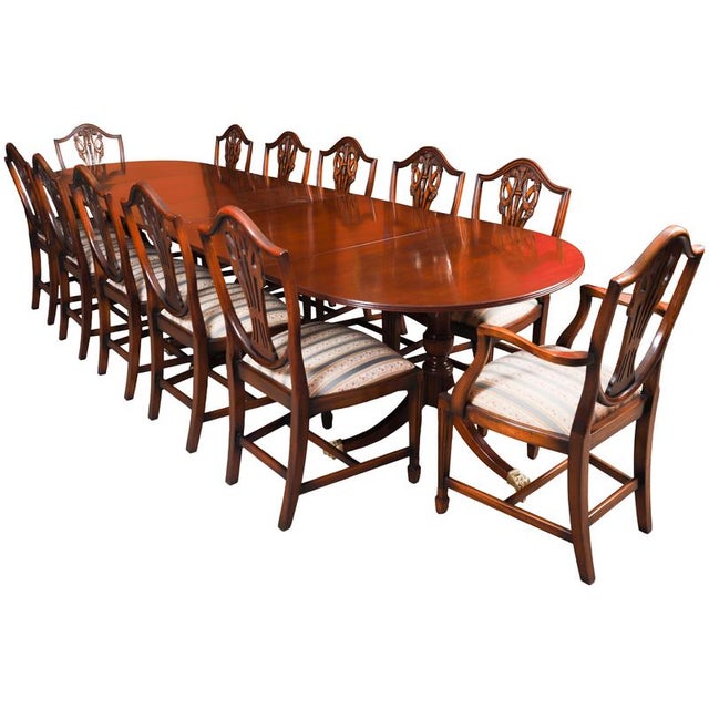Antique Regency Revival 3-Pillar Dining Table and Shield Back Chairs, 1900s, Set of 13 For Sale - Image 15 of 15
