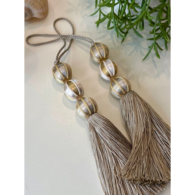 Pair of tall Gold Beaded Key Tassels- Total height of tassel including loop is 7.5" Handmade beaded key tassel with grey...