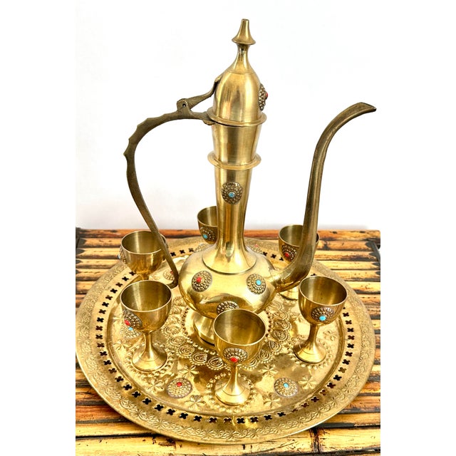 Vintage Brass Moroccan Brass Tea Set – 8 Pieces | Gemstone Inlay For Sale - Image 4 of 12