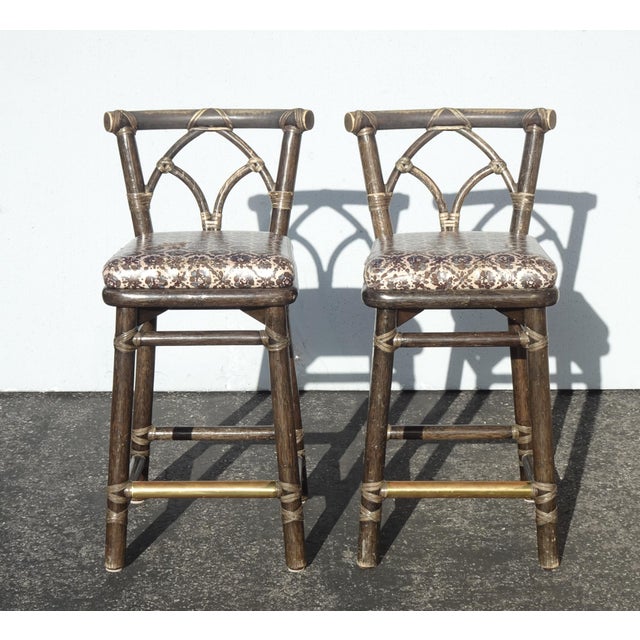 Mid-Century Modern Pair of Vintage McGuire Barstools Bar Stools W Leather Straps and Brass Footrest For Sale - Image 3 of 18