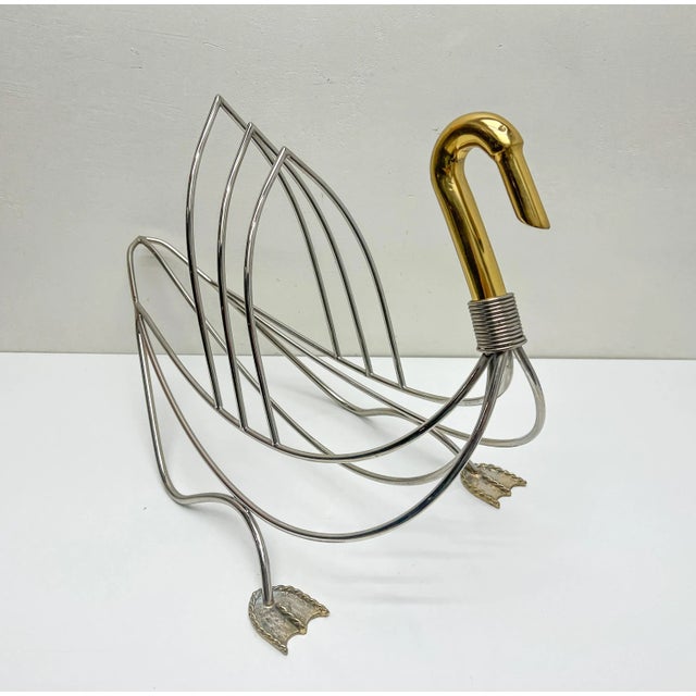 1970s Regency Magazine Rack Swan in Chrome and Brass, 1970s For Sale - Image 5 of 10