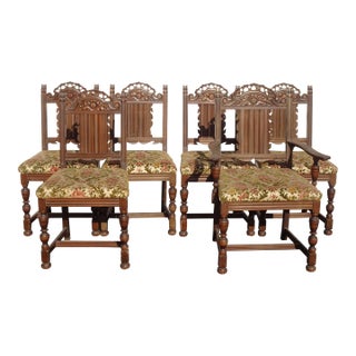 Set Six Spanish Style Dining Chairs W Floral Velvet Seats by Berkey & Gay For Sale