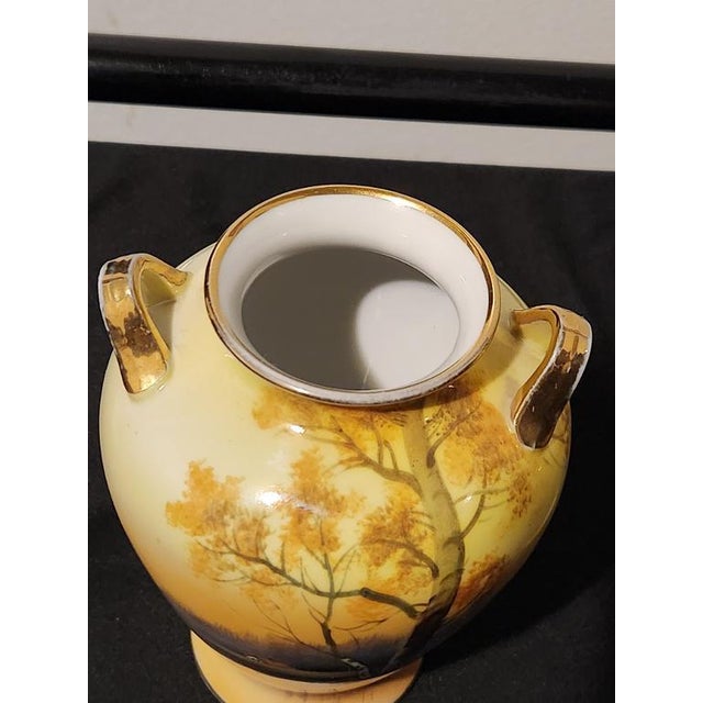 1920s Antique Noritake Hand-Painted 6.5" Mantel Vases - Pair | "Tree in the Meadow" With Gilded C-Scroll Handles, C. 1920s For Sale - Image 5 of 8