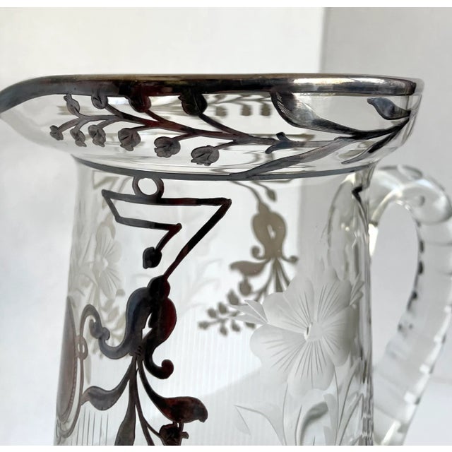 Art Deco Sterling Silver Inlay Etched Glass Pitcher For Sale - Image 11 of 12