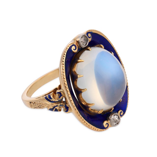 Early 20th Century Victorian Moonstone Diamond Blue Enamel 14k Yellow Gold Ring, Size 6 For Sale - Image 4 of 6