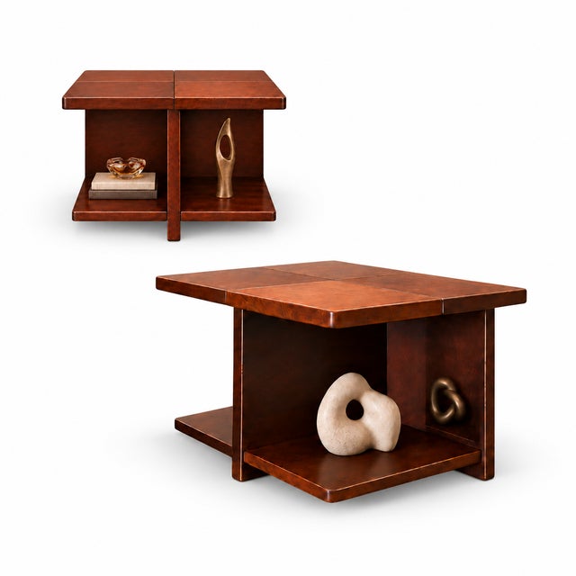 Made by Casa Finland in 1960s Brazil, this pair of side tables turns a practical need into a striking composition. Broad...