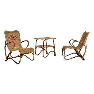 Vintage Wicker and Bamboo Lounge Set, 1960s, Set of 3 For Sale