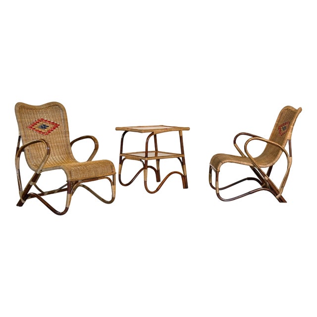Vintage Wicker and Bamboo Lounge Set, 1960s, Set of 3 For Sale