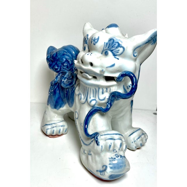Chinoiserie Vintage Chinese Blue and White Porcelain Guardian Lion Foo Dog For Sale - Image 3 of 6