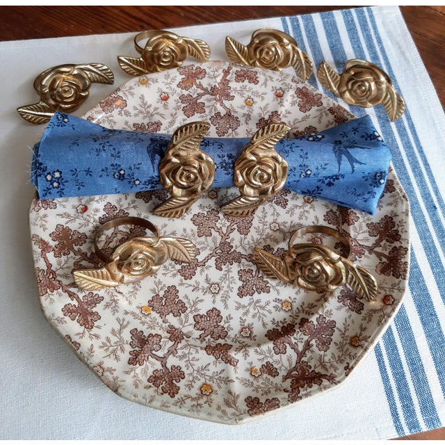 1980s Brass Rose Napkin Rings Set 8 For Sale - Image 5 of 9