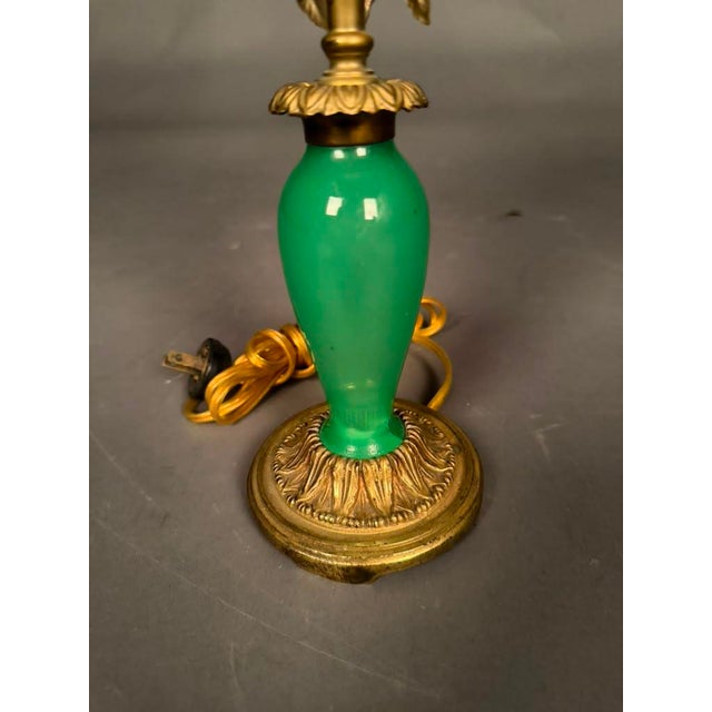 French Bronze & Green Glass Table Lamp With Porcelain Flowers and Silk Shade, Circa 1920 For Sale In Indianapolis - Image 6 of 11