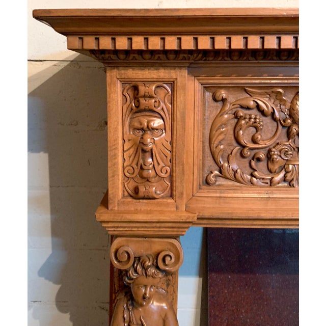 Figurative Renaissance Revival Style Carved Oak Mantel With Eagles, Rams Heads, Mermaids, Cherubim and "Green Men" For Sale - Image 3 of 9