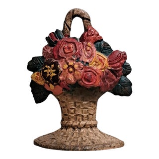 Antique Hubley No. 818 Painted Cast Iron Flower Basket Doorstop For Sale