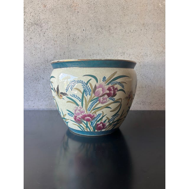 Ceramic Vintage Chinese Chinoiserie Peony & Koi Porcelain Planter For Sale - Image 7 of 8