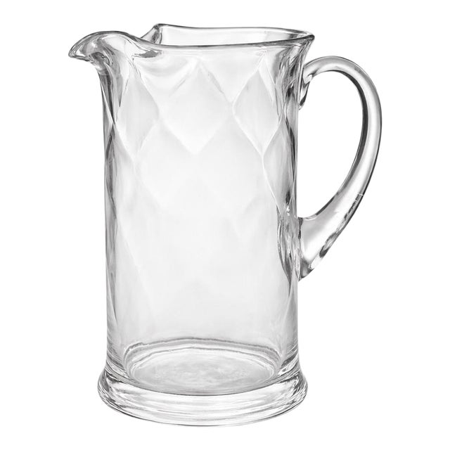 Vintage Clear Glass Water Pitcher With Sculptural Handle and Diamond Optic Body – 9” For Sale
