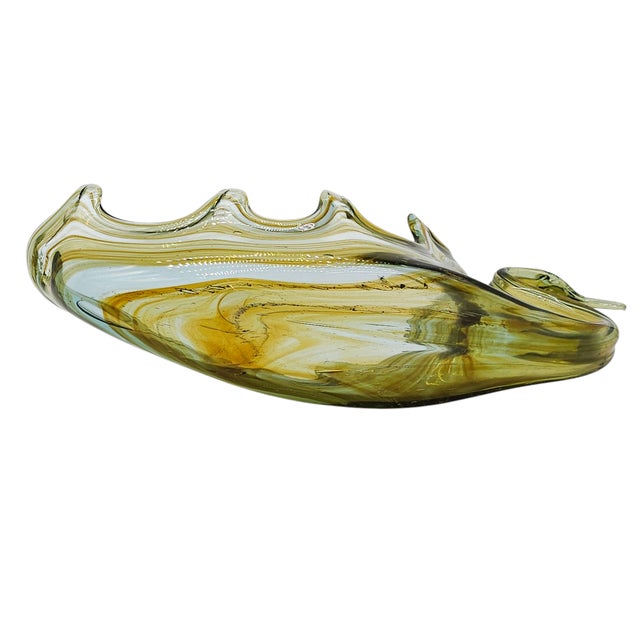 Glass Mid-Century Hand Blown Murano Art Glass Swan Dish in Green and Copper Swirl For Sale - Image 7 of 9