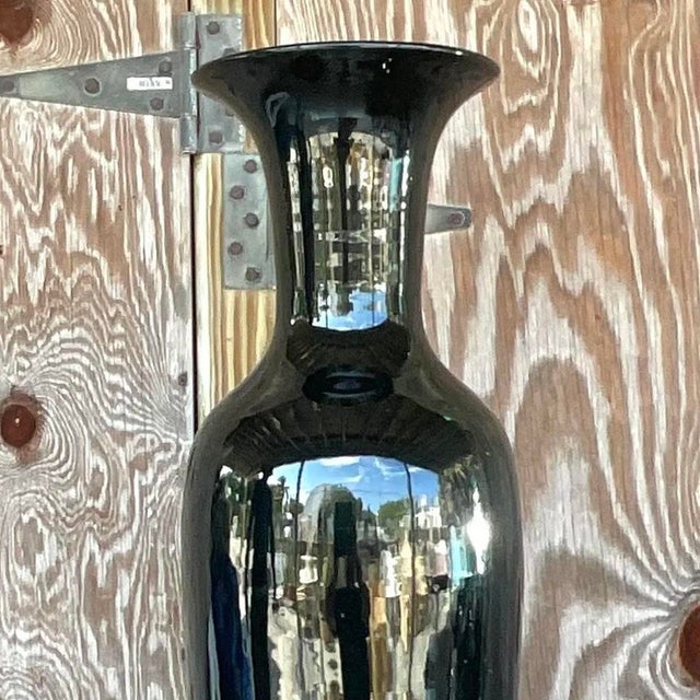 Black Vintage Boho Glazed Ceramic Tall Ming Vase For Sale - Image 8 of 13