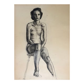 Vintage 1950s Charcoal Reclining Female Figure Study Drawing For Sale