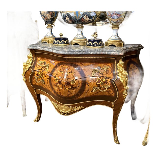 French Louis XV Commode With Floral Marquetry, Marble Top & Ornate Gilt Bronze Mounts For Sale