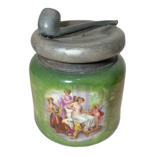 Antique Austrian Painted Carlsbad Porcelain Silverplate Tobacco Pipe Jar Humidor For Sale