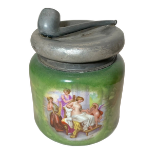 Antique Austrian Painted Carlsbad Porcelain Silverplate Tobacco Pipe Jar Humidor