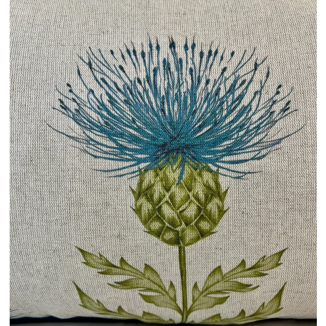 Large Bolster Pillow Adorned With a Stately Blue Thistle Floral Pattern on a Linen Background and Lush Blue Velvet/Velour Back - Made in U K For Sale In Dallas - Image 6 of 11