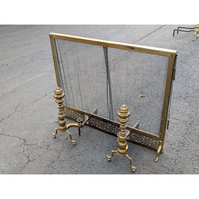 Mid 20th century Hollywood Regency Brass Fireplace Andirons With Flex Screen For Sale - Image 10 of 11