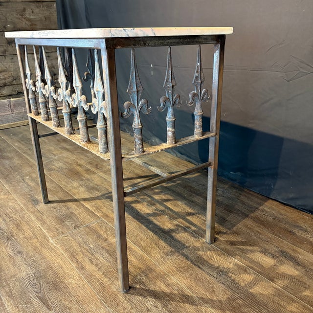 Metal Antique French Wrought Iron Console Table With Marble Top | Balcony Railing Console For Sale - Image 7 of 11