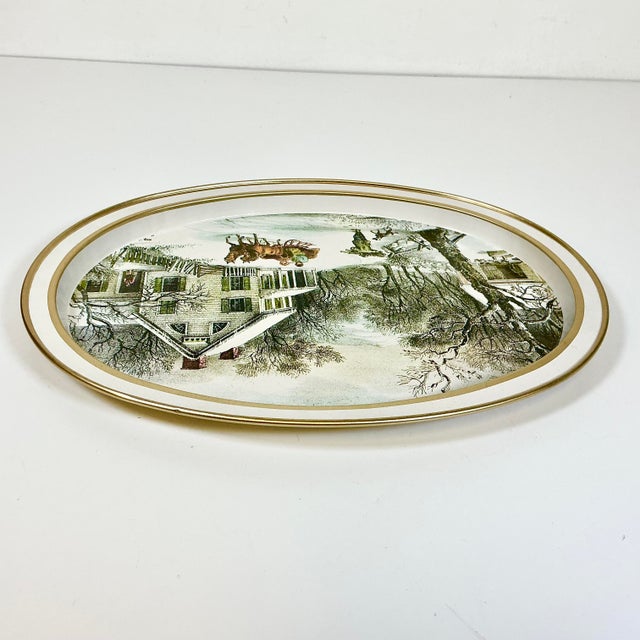Mid-Century Americana Farmhouse Currier & Ives Metal Tray - The American Homestead, Winter For Sale - Image 11 of 14