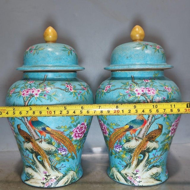 Pair of Chinese Enameled Porcelain Temple Jars | Turquoise Ground Pheasant & Floral Motif For Sale In Los Angeles - Image 6 of 9