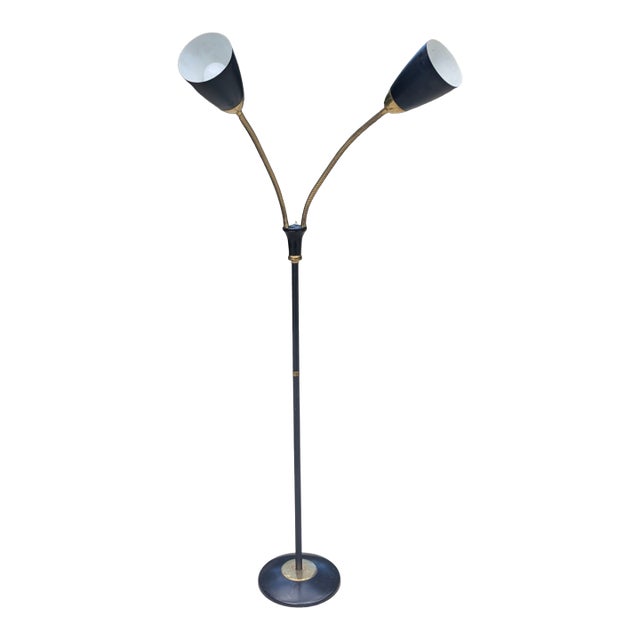 Vintage Gerald Thurston for Lightolier Gooseneck Black and Gold Floor Lamp For Sale