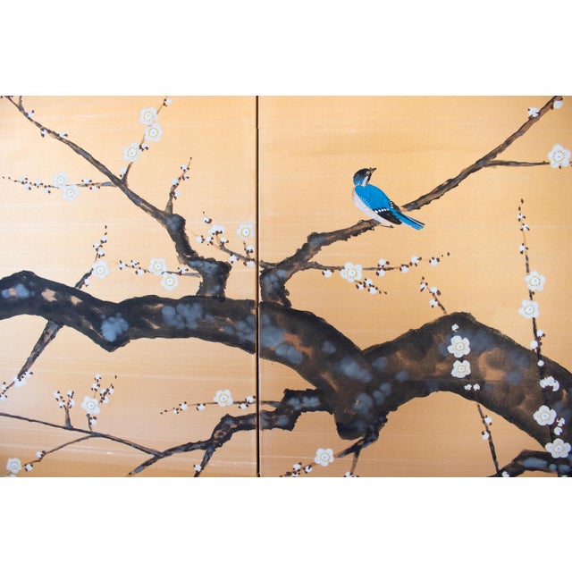 1960s Large Shōwa Era Japanese Silk Byobu Screen "Flycatcher and Sakura" For Sale - Image 4 of 18
