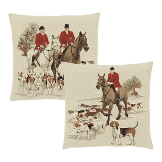 Pair of Hunting Tapestry Cushions With Feather Filler - 46x46cm For Sale