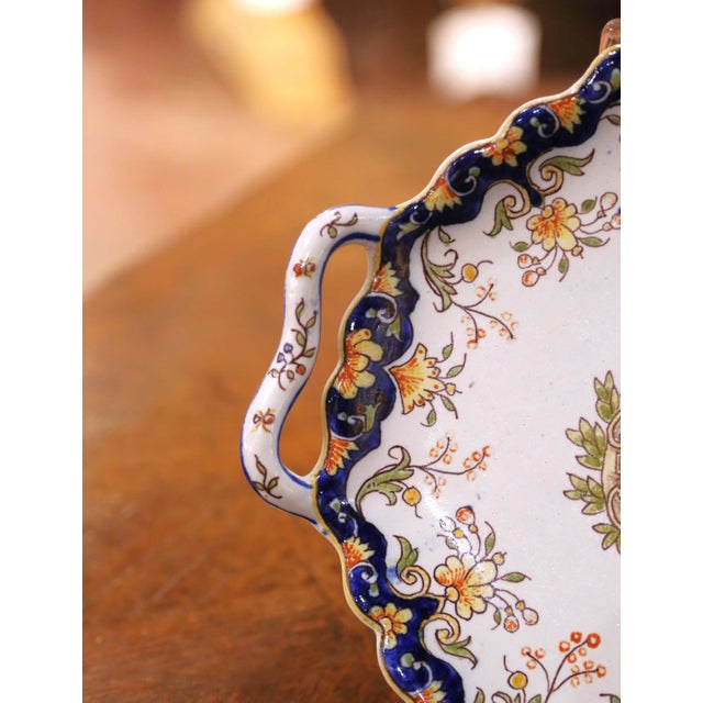 Ceramic Pair of Early 20th Century French Rouen Faience Armorial Wall Platters For Sale - Image 7 of 10