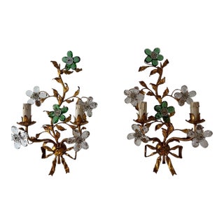 Maison Baguès Style Green Prisms Crystal Flowers Tole Bow Sconces, C 1930 For Sale