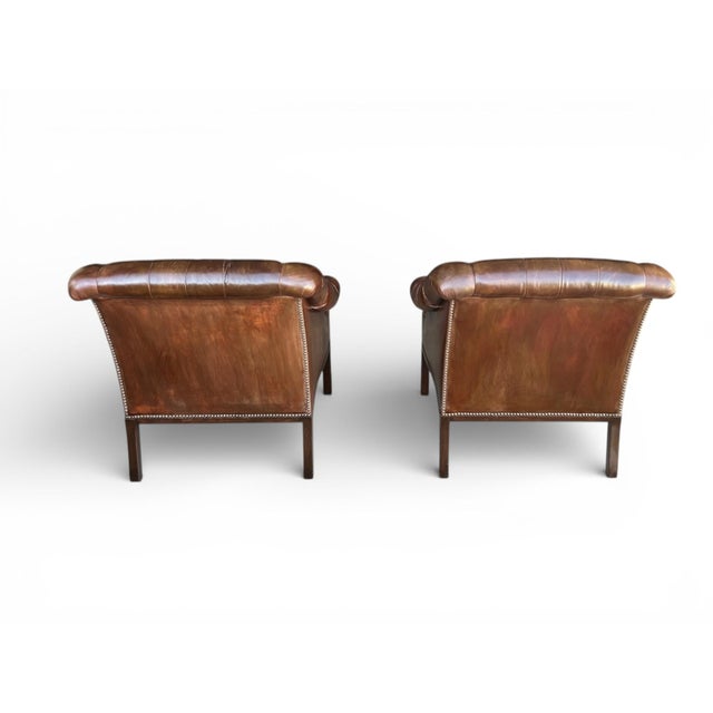 Wood 1960s Pair English Traditional Tufted Leather Club Chairs With Nailhead Trim For Sale - Image 7 of 15