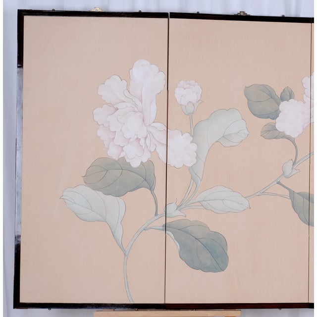 Mid to Late 20th Century Hong Kong Made Byobu "Soft White Branch With Flowers" 4-Panel Folding Screen in Very Good + Overall Condition For Sale - Image 4 of 8