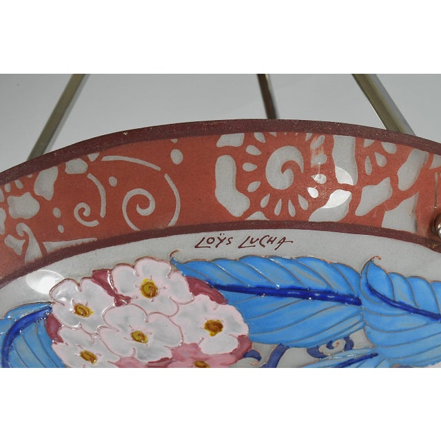 Loys Lucha French Art Deco Pendant Light 1930s - Enameled Terracotta Hydrangea Bowl For Sale - Image 9 of 13
