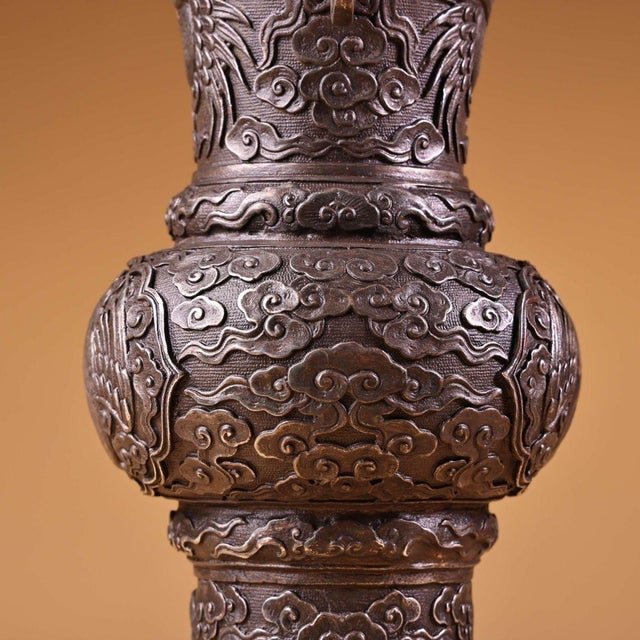 Bronze Vase With Silver-Inlaid Crane Motif - Altar Flower Vase For Sale - Image 9 of 10