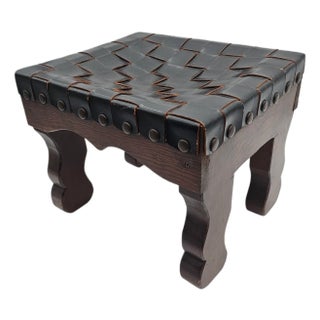 Rustic Woven Leather Low Stool With Hand-Hammered Tack Detailing – Vintage Craftsmanship For Sale