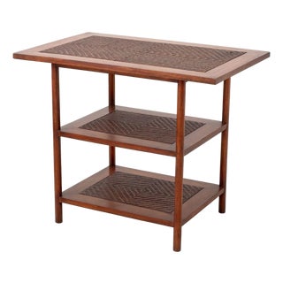 Contemporary Hardwood and Rattan Three-Tier Table For Sale