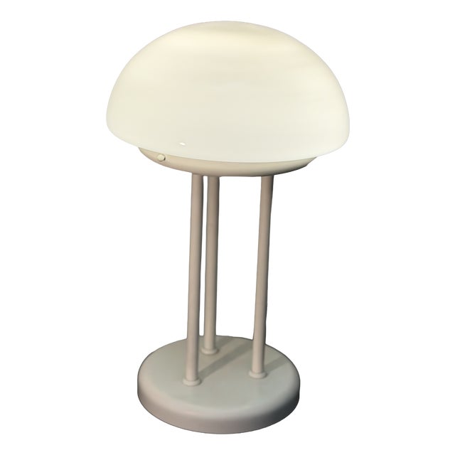 Vintage Mushroom Tripod Table Lamp in Opaline Glass and White Steel, 1970s For Sale