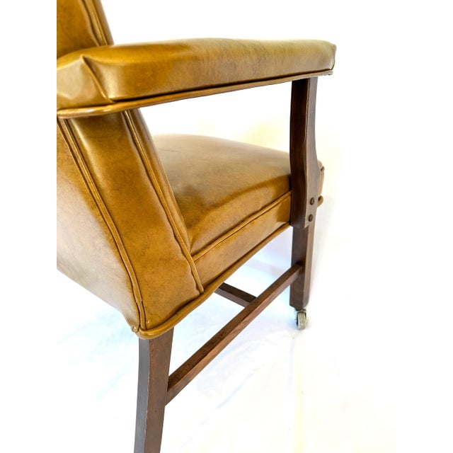 Vintage Mid-Century Tufted Camel Vinyl Armchair on Casters For Sale - Image 4 of 13